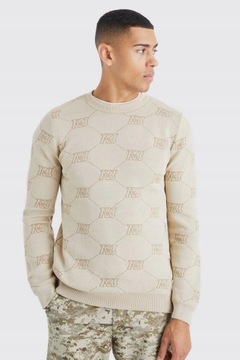 OKRĄGŁY DEKOLT PRINT M2K NG2__L BOOHOOMAN BEŻOWY SWETER REGULAR FIT