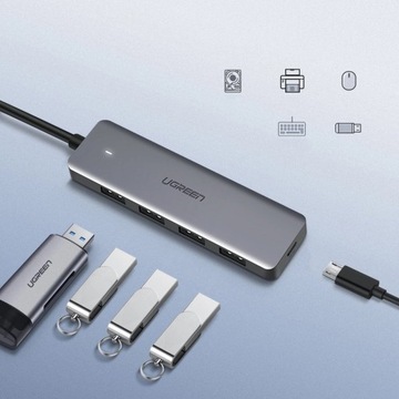 АДАПТЕР UGREEN USB HUB 4 В 1 НА 4X USB 3.0 + СЕРЫЙ КАБЕЛЬ USB-C 15 СМ £ 5