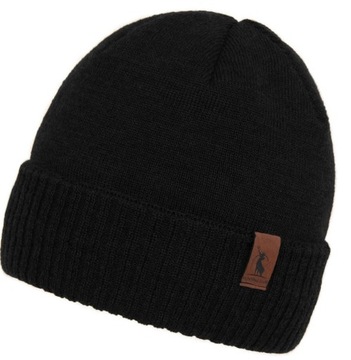 Czarna CZAPKA ZIMOWA 50% WEŁNA MERINO na POLARZE