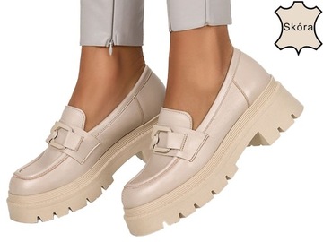 MOKASYNY DAMSKIE SKÓRZANE Z ŁAŃCUCHEM PLATFORMA 39