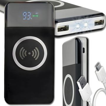 Powerbank 10000 mAh POWER BANK USB, USB-C ładowarka indukcyjna z latarką