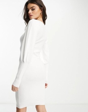 French Connection NH2 nlv dzianinowa biała sukienka midi rękawy bufki M
