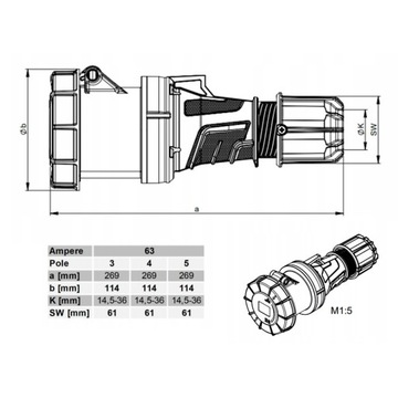 Адаптер питания 32A 5P IP44 на 63A 5P IP67 1M