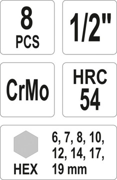 Набор из 8 шестигранных ударных ключей Yato YT-1066, 1/2 дюйма, 6–19 мм.