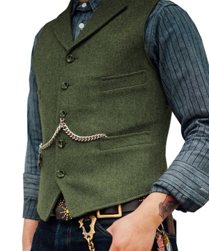 Business Mens Suit Vest Lapel V Neck Wool Herringb