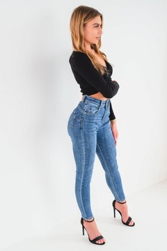 Ciemne klasyczne jeansy damskie spodnie skinny PUSH UP wysoki stan XL