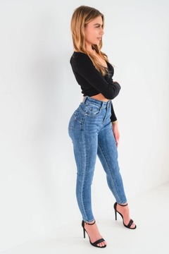 Ciemne klasyczne jeansy damskie spodnie skinny PUSH UP wysoki stan XS
