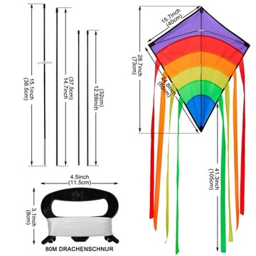 ОДНОЛИНЕЙНЫЙ КАЙТ ДЛЯ ДЕТЕЙ РАДУЖНЫХ ЦВЕТОВ С ЛИНЕЙКОЙ И ПОЛОСКИМ ХВОСТОМ
