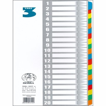 Przekładki do segregatora A4 laminowane indeksujące 5 kolorów 1 do 20