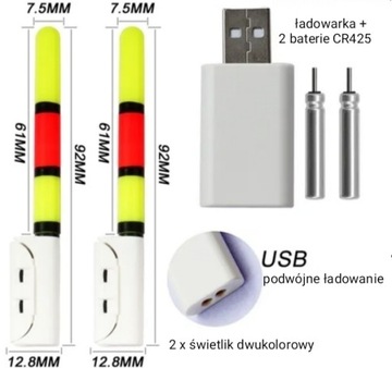 2x Świetlik Elektroniczny LED dwukolorowy + ładowarka + 2 baterie CR425