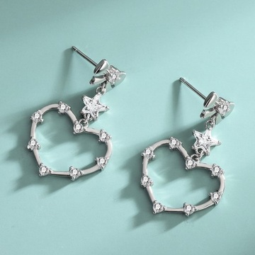 S925 srebrne kolczyki w kształcie serca z kokardą pentagram dla kobiet