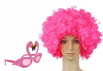 Party-fun 2 w 1 - RÓŻOWA PERUKA + OKULARY - WŁOSY AFRO PARTY