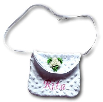Мешочек для первого причастия с вышивкой имени, клатч, роза, белая сумка