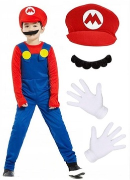 STRÓJ KOSTIUM SUPER MARIO BROS + RĘKAWICZKI 4w1 128/134 XL ( z metki 140 )