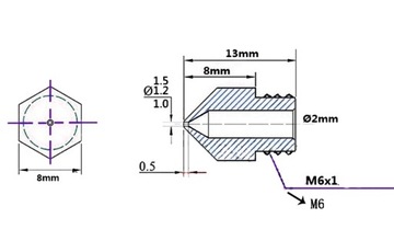 Сопло принтера MK8 — 1,5 мм/6 мм, нить 1,75 мм.