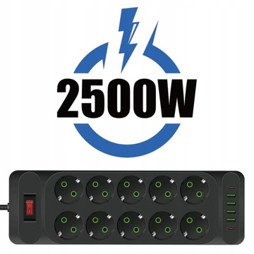 УДЛИНИТЕЛЬ ПИТАНИЯ 2500 Вт С QC3.0 6x USB