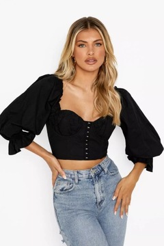 BOOHOO CZARNY CROP TOP BLUZKA Z BUFIASTYMI RĘKAWAMI W STYLU GORSET M 38