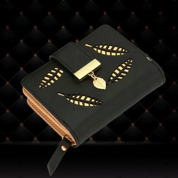 КОШЕЛЕК ЖЕНСКИЙ С ЗАЩЕЛКОЙ, ЧЕРНЫЙ, МАЛЕНЬКИЕ ЛИСТОЧКИ, 3 ОТДЕЛЕНИЯ PREZE