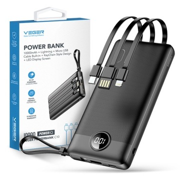 Powerbank VEGER C10 Bateria 10000 mAh wbudowane kable Lightning USB Typ C