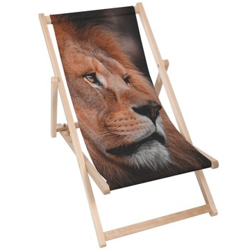 Leżak Lion Profile Drewniany Klasyczny Składany Plażowy Ogrodowy Lew Nadruk