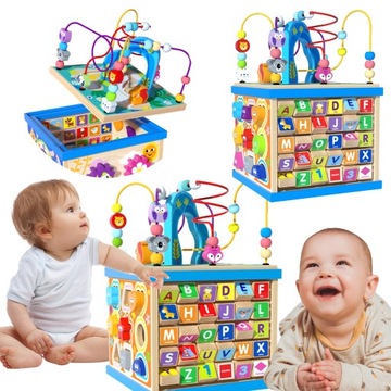 DREWNIANY SORTER KOSTKA EDUKACYJNA ALFABET KOLOROWY MONTESSORI Z LABIRYNTEM