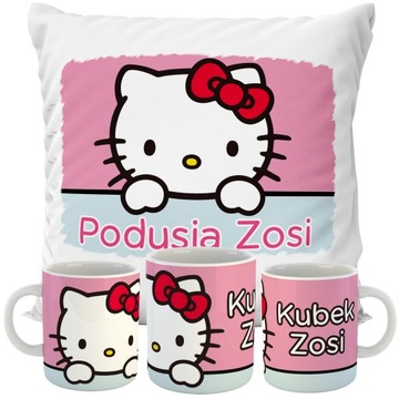 ZESTAW PODUSZKA + KUBEK HELLO KITTY IMIĘ PREZENT URODZINY RÓŻNE WZORY