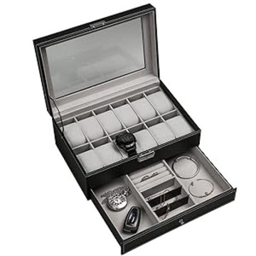 Запираемая коробка для часов с 12 отделениями, искусственная кожа, шкатулка для драгоценностей, коричневая