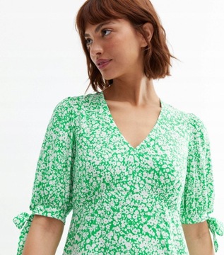 New Look odp kwiaty 3/4 mini rękaw v-neck zielona sukienka M XTR