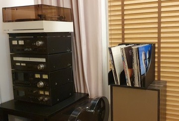 Черная деревянная подставка для виниловых пластинок.