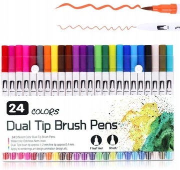 PISAKI FLAMASTRY DUAL PĘDZELKOWE BRUSH 24 SZT
