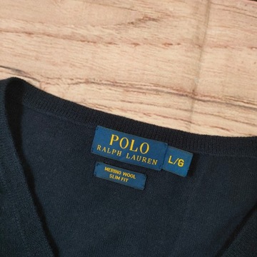 POLO RALPH LAUREN Sweter Męski 100% Merino Slim Fit V neck Logo r. L