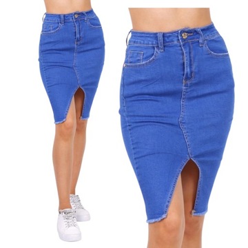 P115 JEANSOWA MIDI SPÓDNICA ROZCIĘCIEM JEANS 40 L
