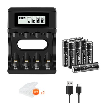 8 szt. Akumulator litowo-jonowy 1,5 V AA R6 3400 mWh + inteligentna ładowarka LCD
