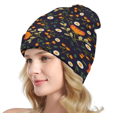 Czapka Zimowa Męska Beanie Wiosna Jesień Damska w Kwiaty