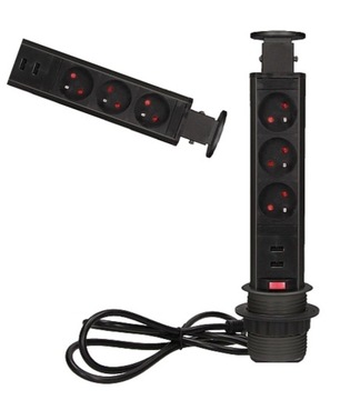 Gniazdo Meblowe Potrójne Chowane w Blat Uziemienie Ładowarka 2xUSB Kabel