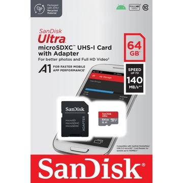 КАРТА ПАМЯТИ SanDisk ULTRA MICROSD SDXC A1 64 ГБ 140 МБ/С + АДАПТЕР FULLHD