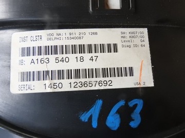 MERCEDES W163 ML PŘÍSTROJOVÁ DESKA BUDÍKY A1635401847