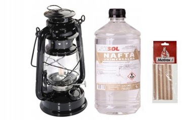 CZARNA LAMPA NAFTOWA 24CM + NAFTA 1L + KNOT24CM