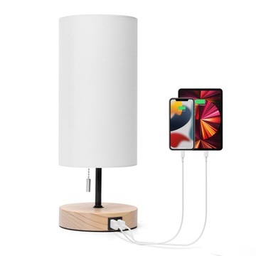 METALOWA LAMPKA NOCNA STOŁOWA E27 2x ładowarka USB Biały