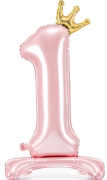 Balon foliowy CYFRA 1 JASNO RÓŻOWY z KORONĄ STOJĄCY duży 84 cm XL urodziny