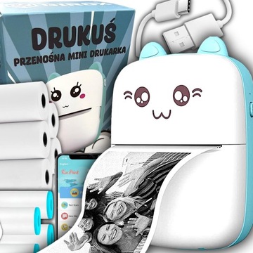 DRUKUŚ MINI DRUKARKA TERMICZNA MINI KOT DO ZDJĘC NAKLEJEK + 11 SZT ROLEK