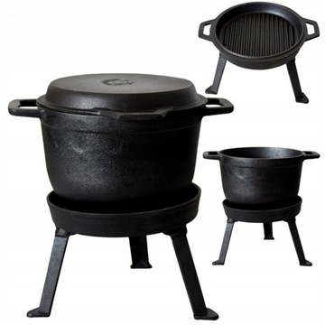 KOCIOŁEK ŻELIWNY GARNEK MYŚLIWSKI 3w1 PATELNIA GARNEK OGNISKO GRILL 8L