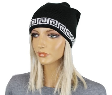 POLSKA CZAPKA DAMSKA BEANIE WZOREK GRECKI CIEPŁA