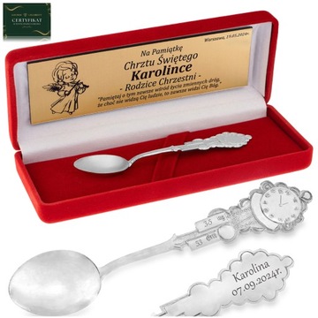 SREBRNA ŁYŻECZKA PREZENT NA CHRZEST, ROCZEK Z GRAWEREM PUDEŁKO + CERTYFIKAT