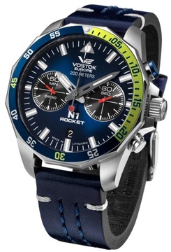 Chronograf męski zegarek na granatowym pasku skórzanym Vostok Europe