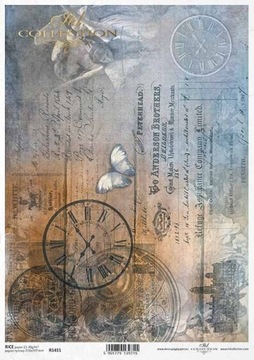 ITD Collection - Decoupage Papier RYŻOWY R1411 Zegary Motyle Vintage - A4