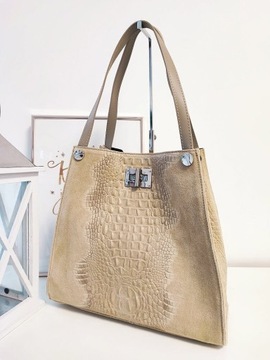 Laura Biaggi skórzana torba shopper beżowa