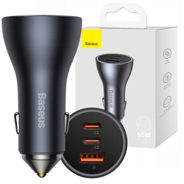 BASEUS SZYBKA ŁADOWARKA SAMOCHODOWA USB 2x USB-C 65W DO GNIAZDA ZAPALNICZKI