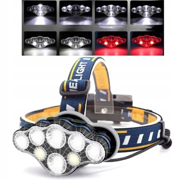 Mocna Latarka Czołowa 8 LED Czerwone białe światło