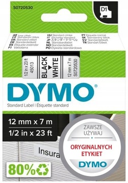 DYMO Taśma D1 45013 oryginalna 12mm czarny/biały
